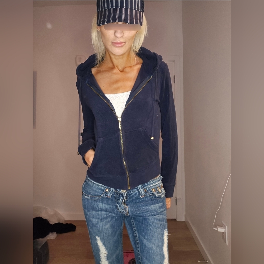 Juicy Couture Navy Blue Terry Cloth Zip-Up Hoodie With Drawstrings